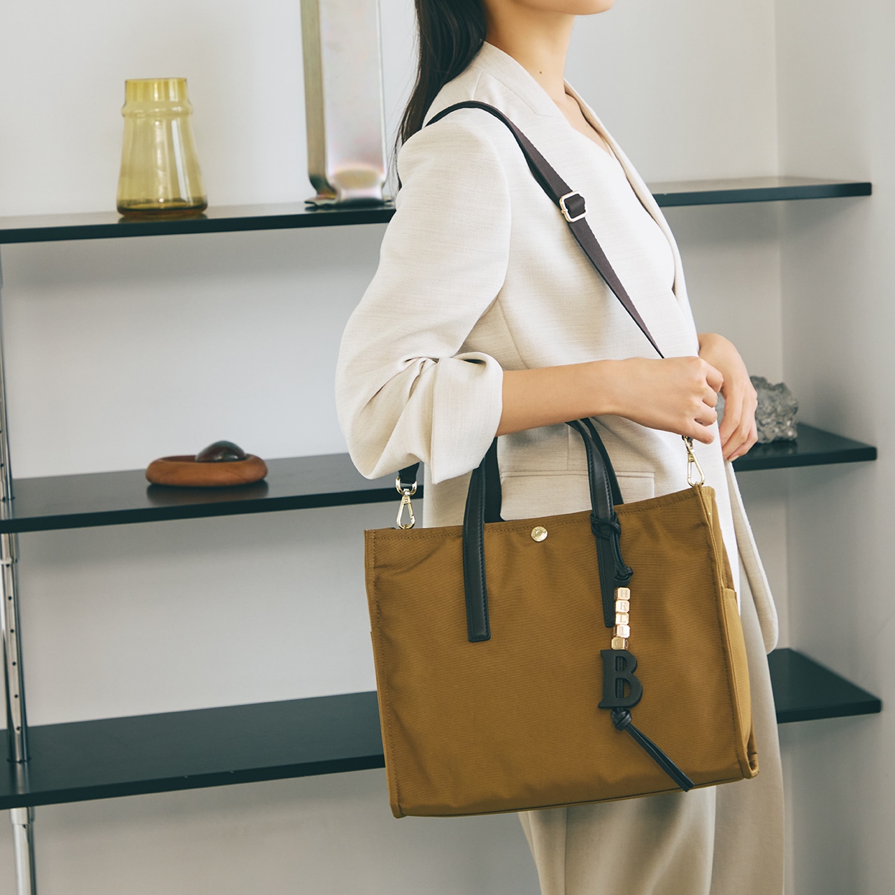 撥水 マルチway スクエア A4 トートバッグ / 10ポケット キャメル FREE