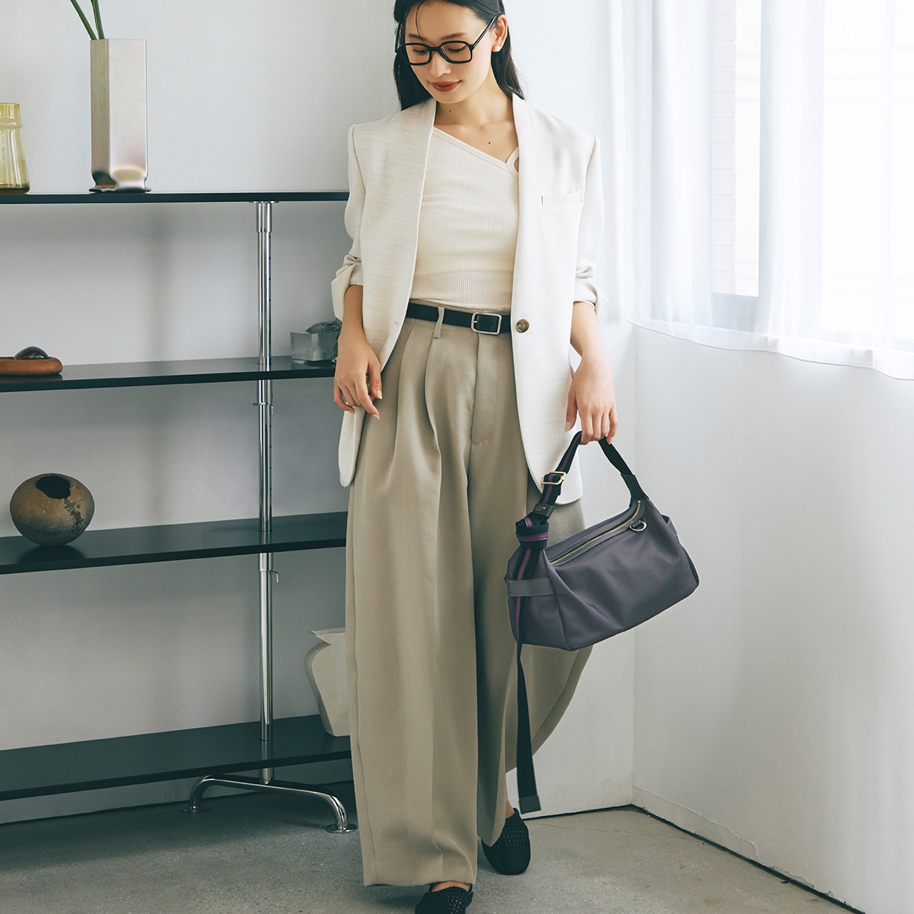 【TREASURE TOPKAPI】ナイロン ストライプ ベルト ショルダー バッグ ミディアムグレー FREE