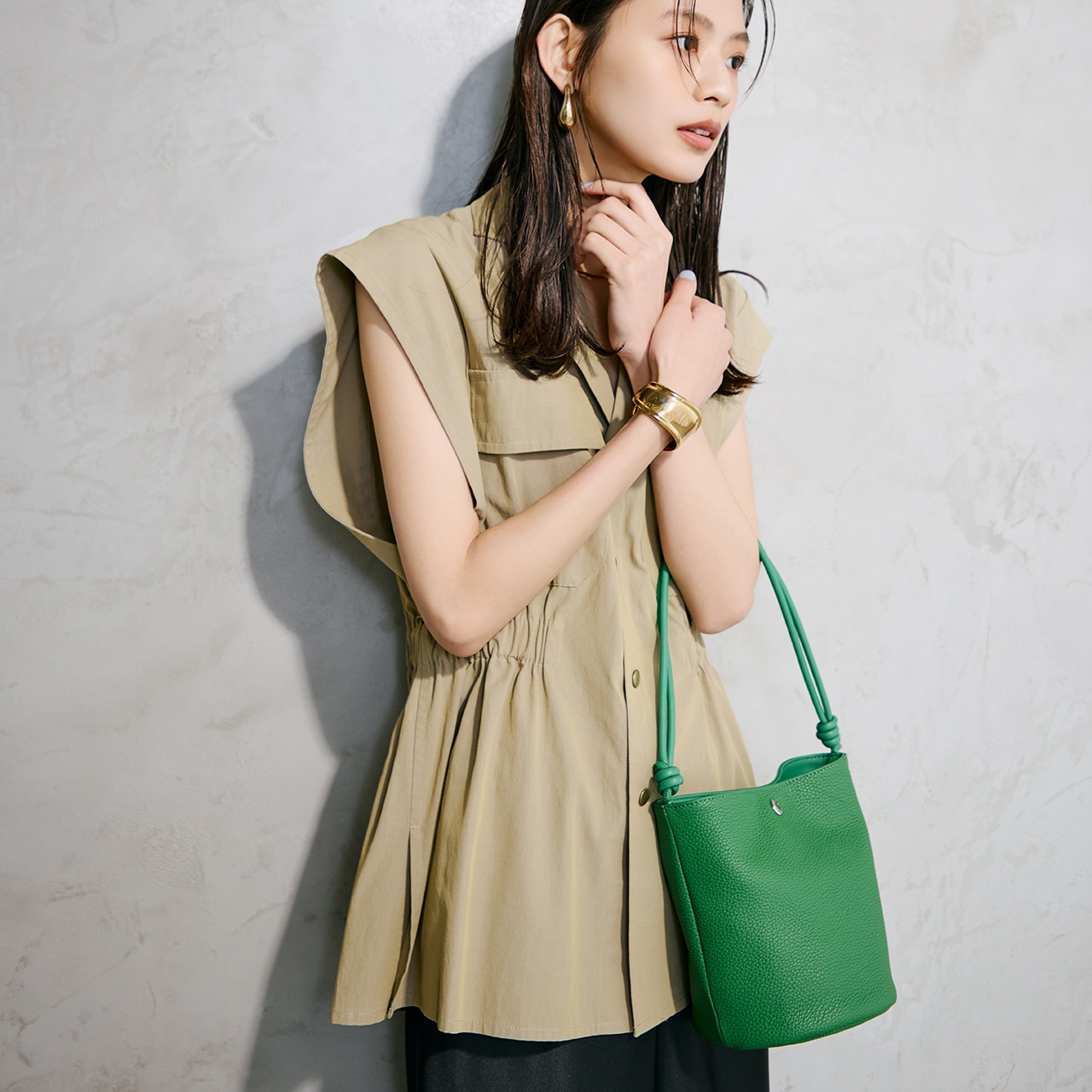 【Breath TOPKAPI】シュリンクレザー ノットハンドル 2way ショルダーバッグ グリーン FREE