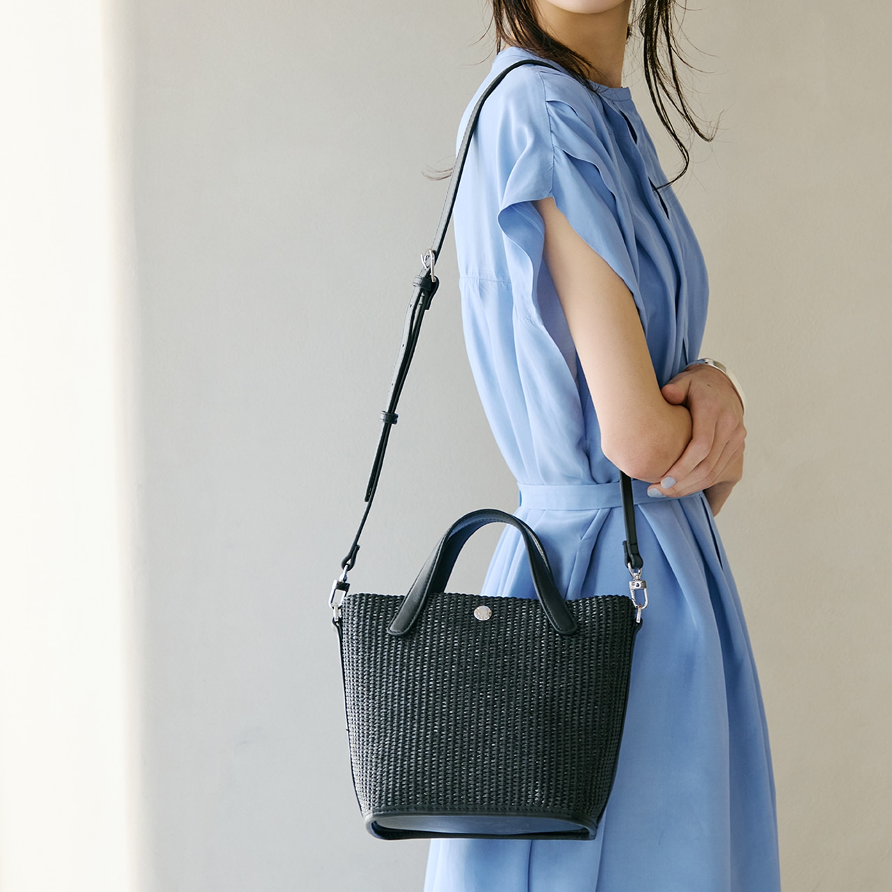 【Breath TOPKAPI】レザーハンドル ショルダー付き トート カゴバッグ ブラック FREE