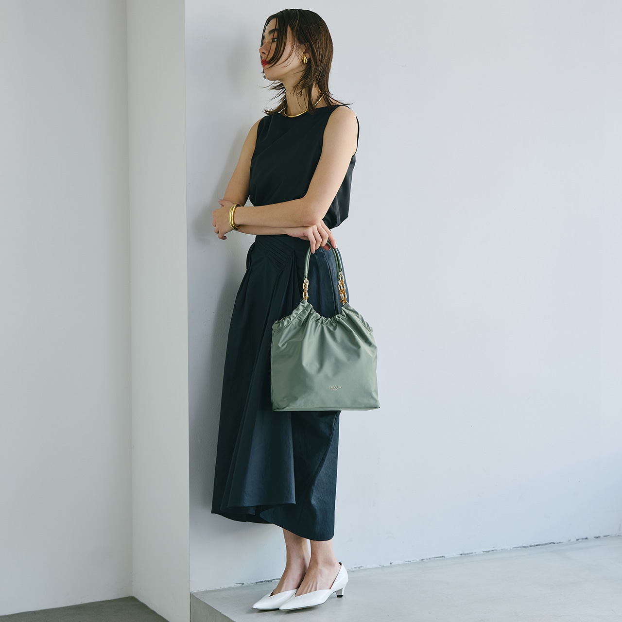 【TREASURE TOPKAPI】コンビチェーン ギャザー ナイロン トートバッグ グリーングレー FREE