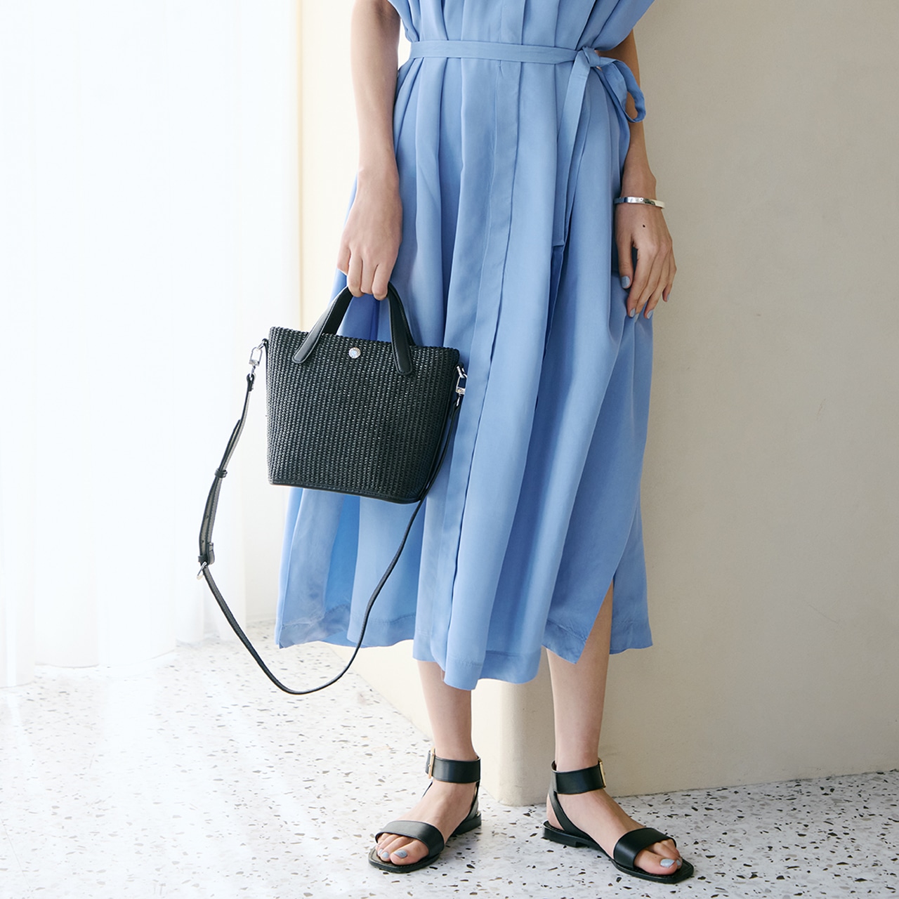 【Breath TOPKAPI】レザーハンドル ショルダー付き トート カゴバッグ ブラック FREE