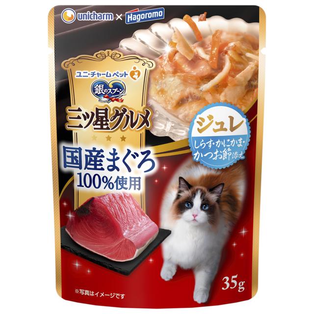 ユニチャーム 三ツ星グルメパウチ 国産まぐろ100%使用 ジュレ しらす・かにかま・かつお節添え 35g