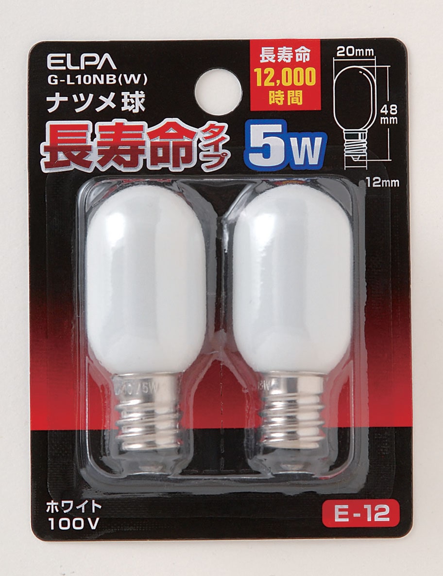 エルパ ELPA ナツメ球ロング 電球 照明 E12 5W ホワイト G‐L10NB(W)