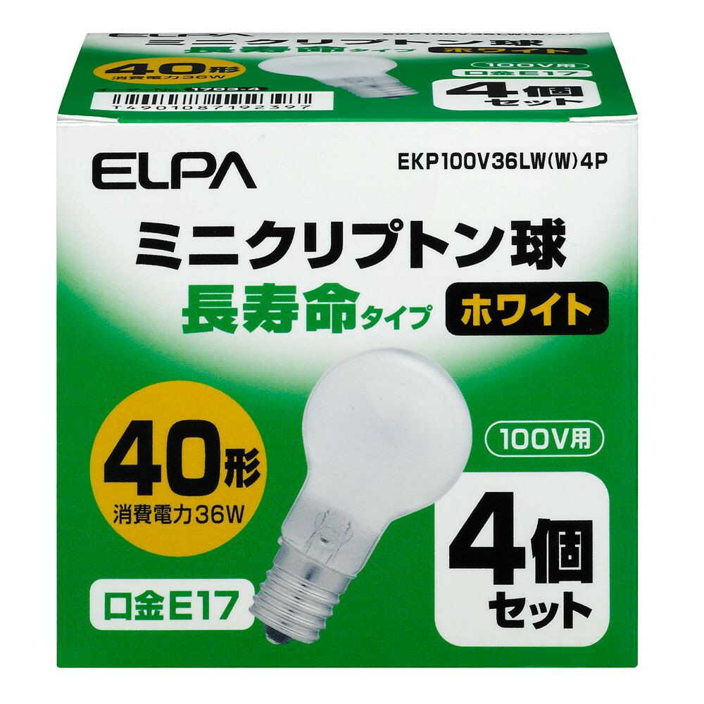 エルパ ELPA 長寿命ミニクリ 白熱電球 E17 40W形 EKP100V36LW(W)4P 4個セット