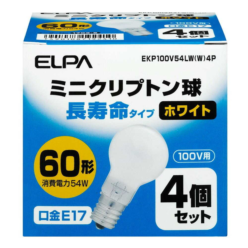 エルパ ELPA 長寿命ミニクリ 白熱電球 E17 60W形 EKP100V54LW(W)4P 4個セット