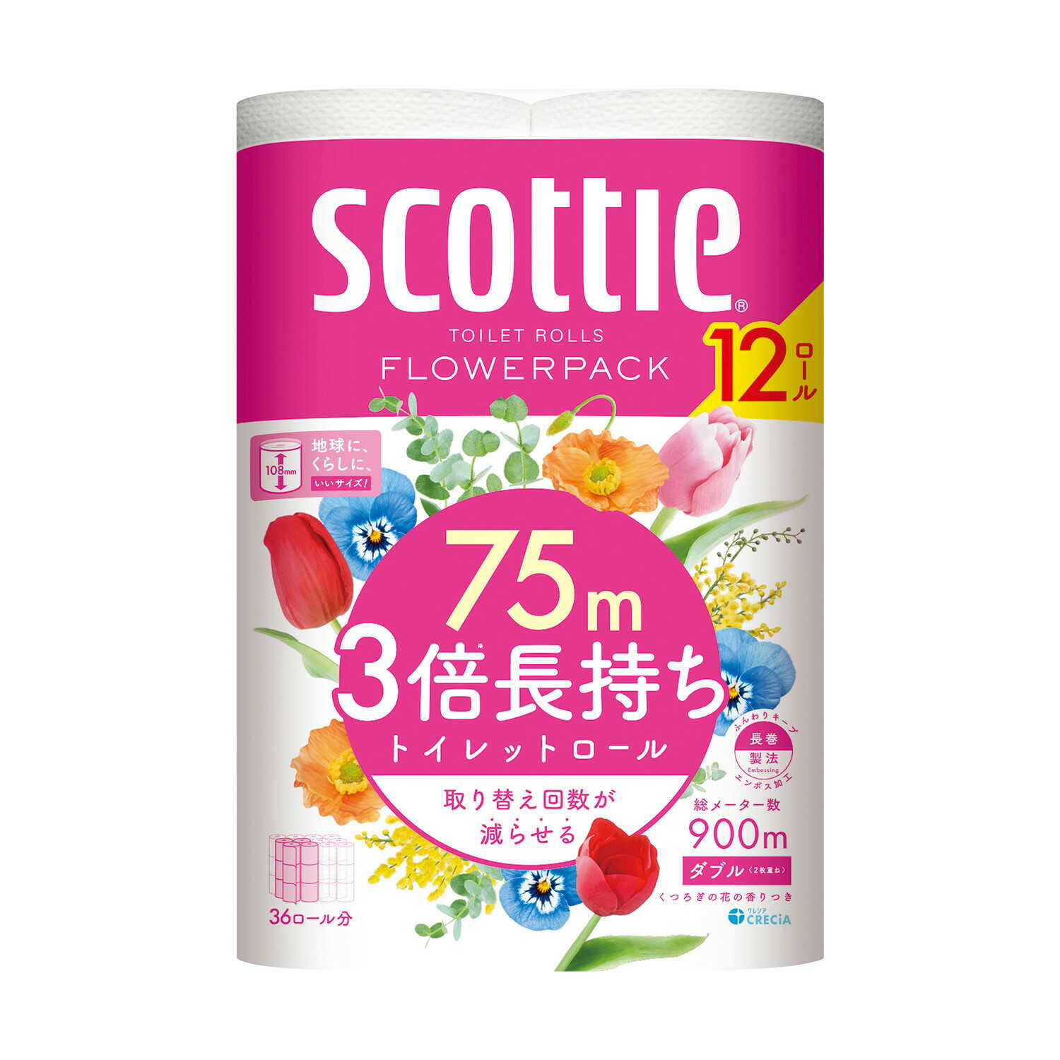 クレシア スコッティ フラワーパック 3倍長持ち（ダブル） 75m×12ロール【4個セット】