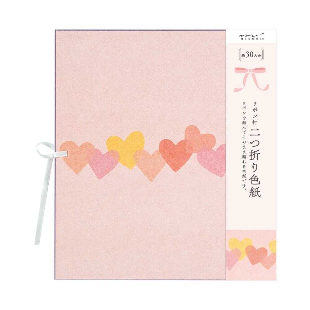 ミドリ カラー色紙 二つ折り リボン付ハート柄 1枚