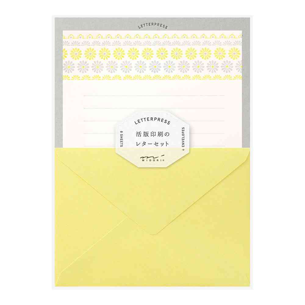 ミドリ レターセット477 活版 花ライン柄 黄 便箋/8枚入、封筒/4枚入