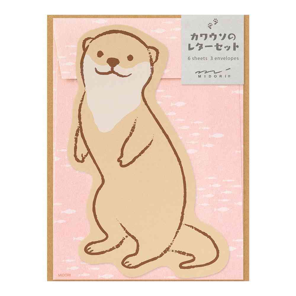 ミドリ レターセット927 ダイカット カワウソ柄 便箋／6枚入、封筒／3枚入