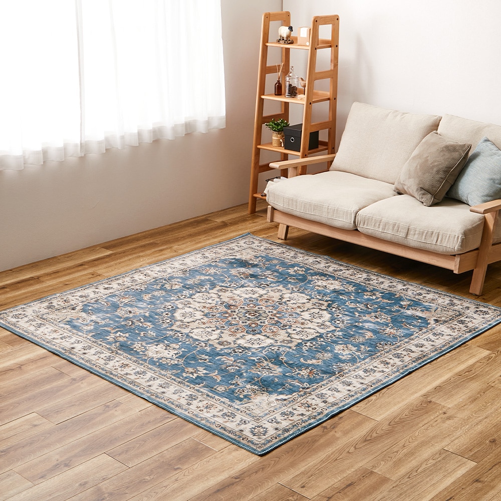 アンティーク絨毯風プリントラグ カメオ ブルー190×190 メーカー直送▼返品・キャンセル不可【他商品との同時購入不可】