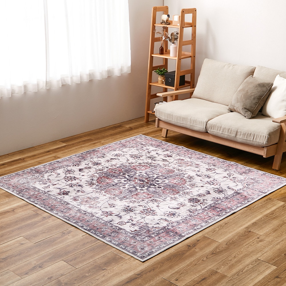 アンティーク絨毯風プリントラグ カメオ  ピンク190×190  メーカー直送▼返品・キャンセル不可【他商品との同時購入不可】