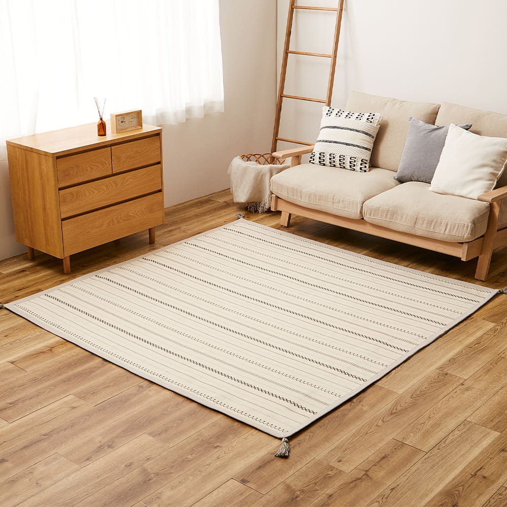 薄手で気軽に洗える インド綿ラグ ティック ブラック メーカー直送 ▼返品・キャンセル不可【他商品との同時購入不可】