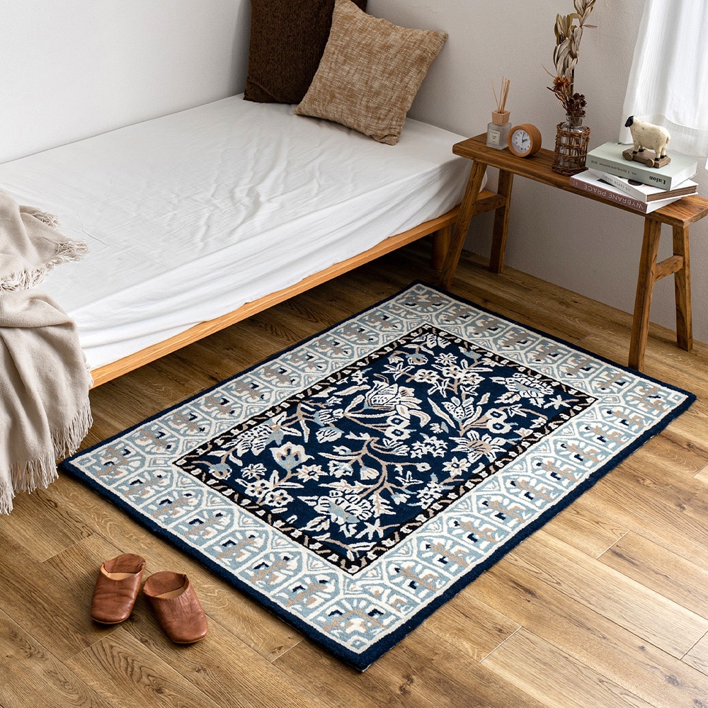 ウール100%りラグマット ポタリー 100×140cm ネイビー メーカー直送▼返品・キャンセル不可【他商品との同時購入不可】
