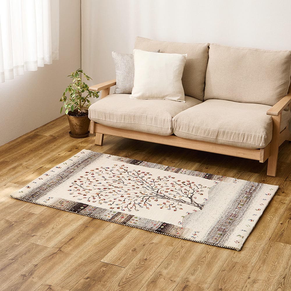 ギャッベ ラグ 悠花（ユウカ） 約90×150cm ツリー ホワイト 【直送品】 返品・キャンセル・他商品と同時購入は不可