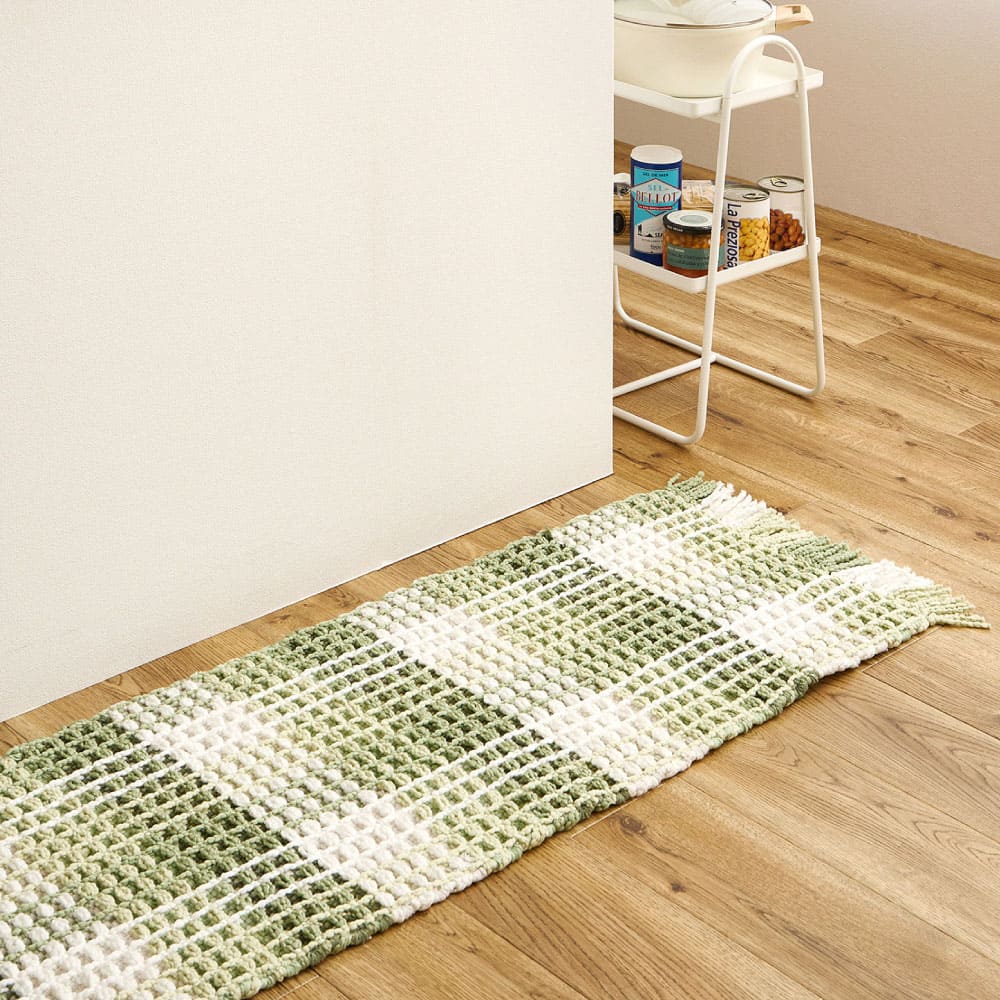 ワッフル風マット チェック柄 エルフ グリーン 45×180 メーカー直送 ▼返品・キャンセル不可【他商品との同時購入】