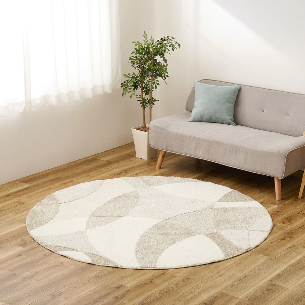 北欧柄の国産高機能ラグ ジャスト 円形 ベージュ 直径180cm メーカー直送 ▼返品・キャンセル不可【他商品との同時購入不可】