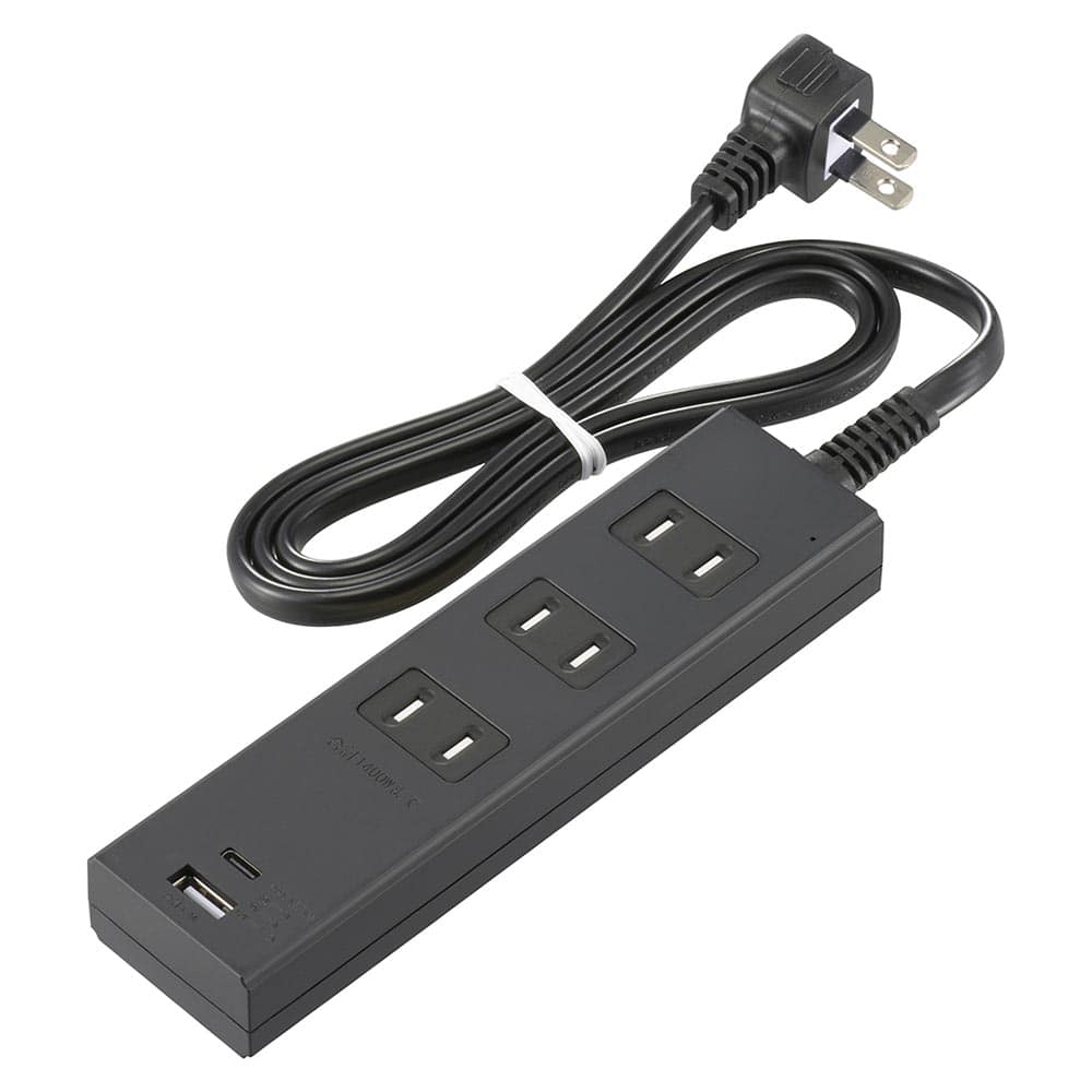 オーム電機 3個口タップ雷ガードPD対応タイプC,Aポート1m