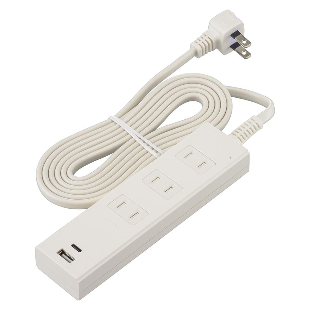 オーム電機 3個口タップ雷ガードPD対応タイプC,Aポート2m