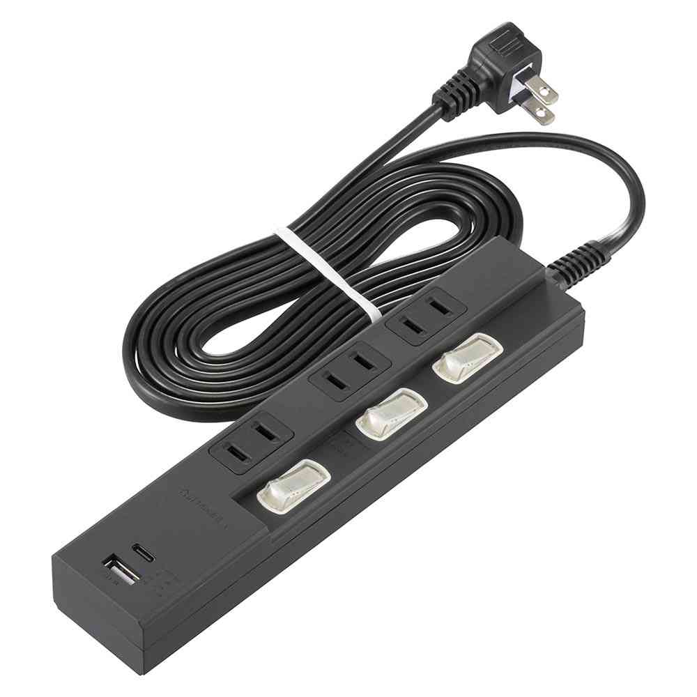 オーム電機 3個口節電タップ PD対応Type-C／Type-Aポート付き 2m HS-TPU32PD23-K
