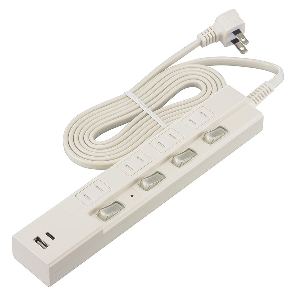 オーム電機 4個口節電タップ雷ガードPD対応C,Aポート付2m