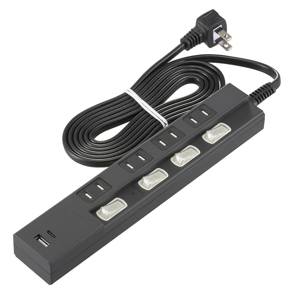 オーム電機 4個口節電タップ雷ガードPD対応C,Aポート付2m