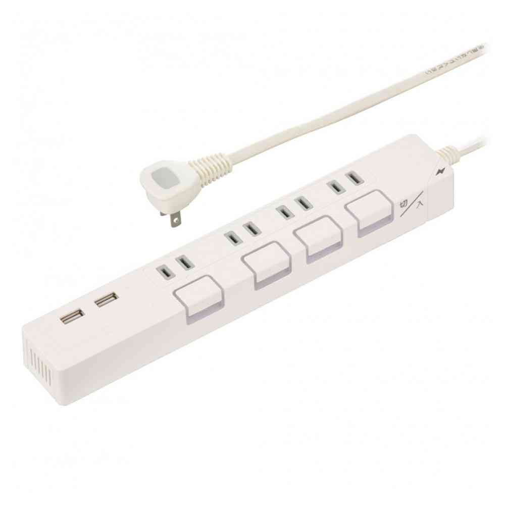 オーム電機 節電タップ光る押しボタンスイッチ雷ガード4個口 USBポート付き 2m HS-TPKU42W-22