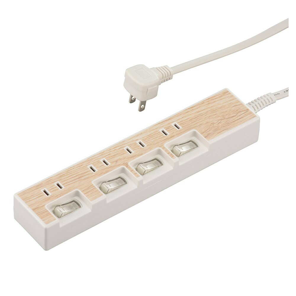 オーム電機 節電タップ 4個口 木目調 1.5m ホワイト
