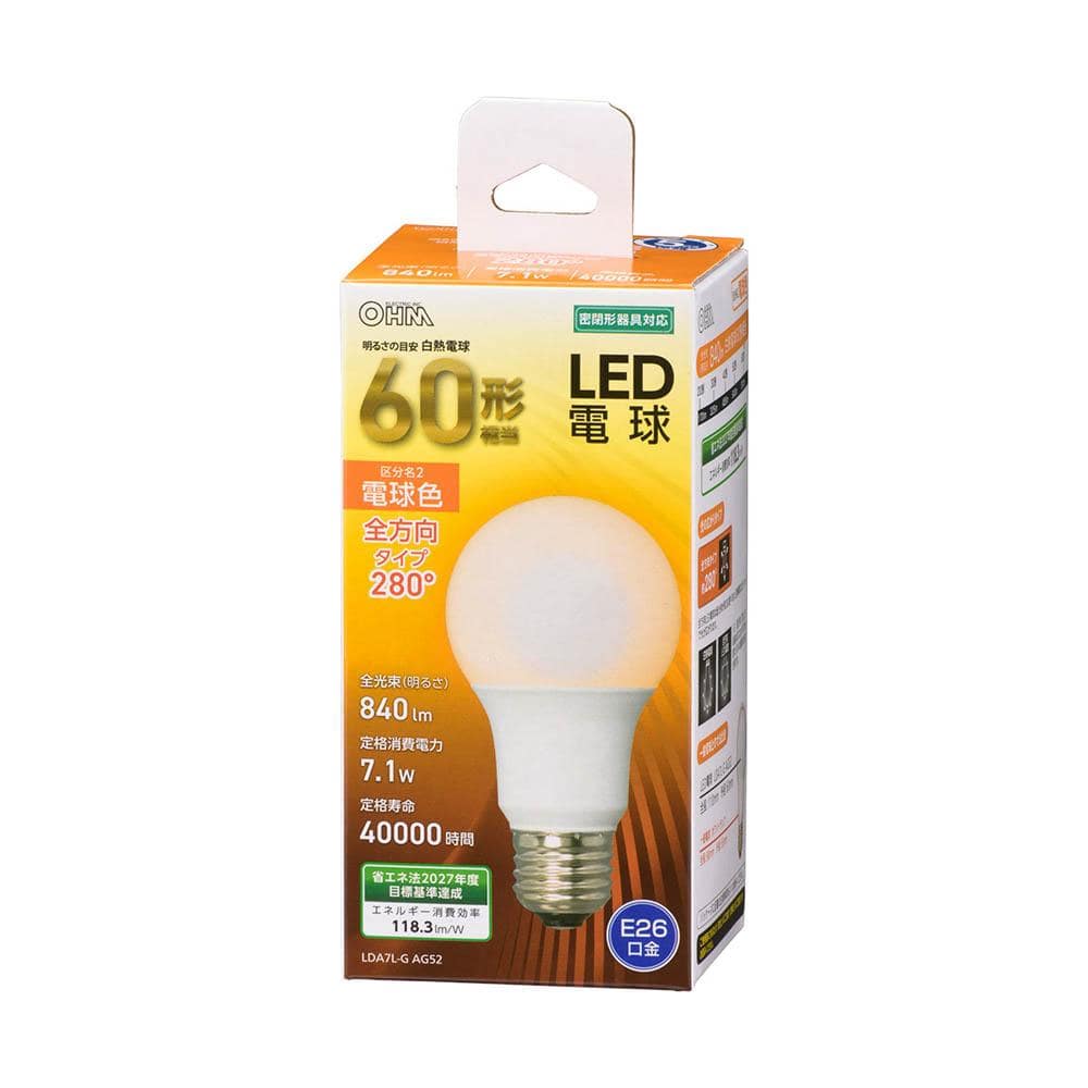 オーム電機 LED電球 A型 E26 60W