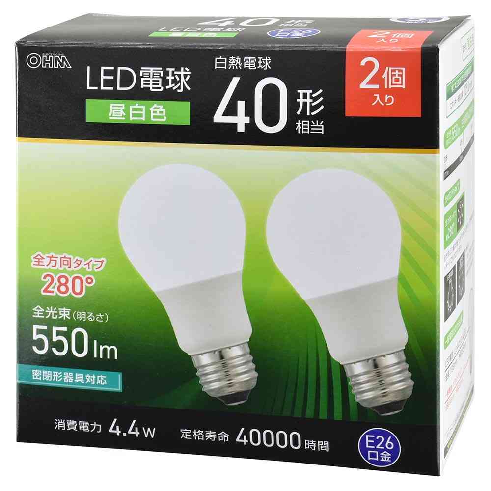 オーム電機 LED電球 40形相当昼白色 2個入