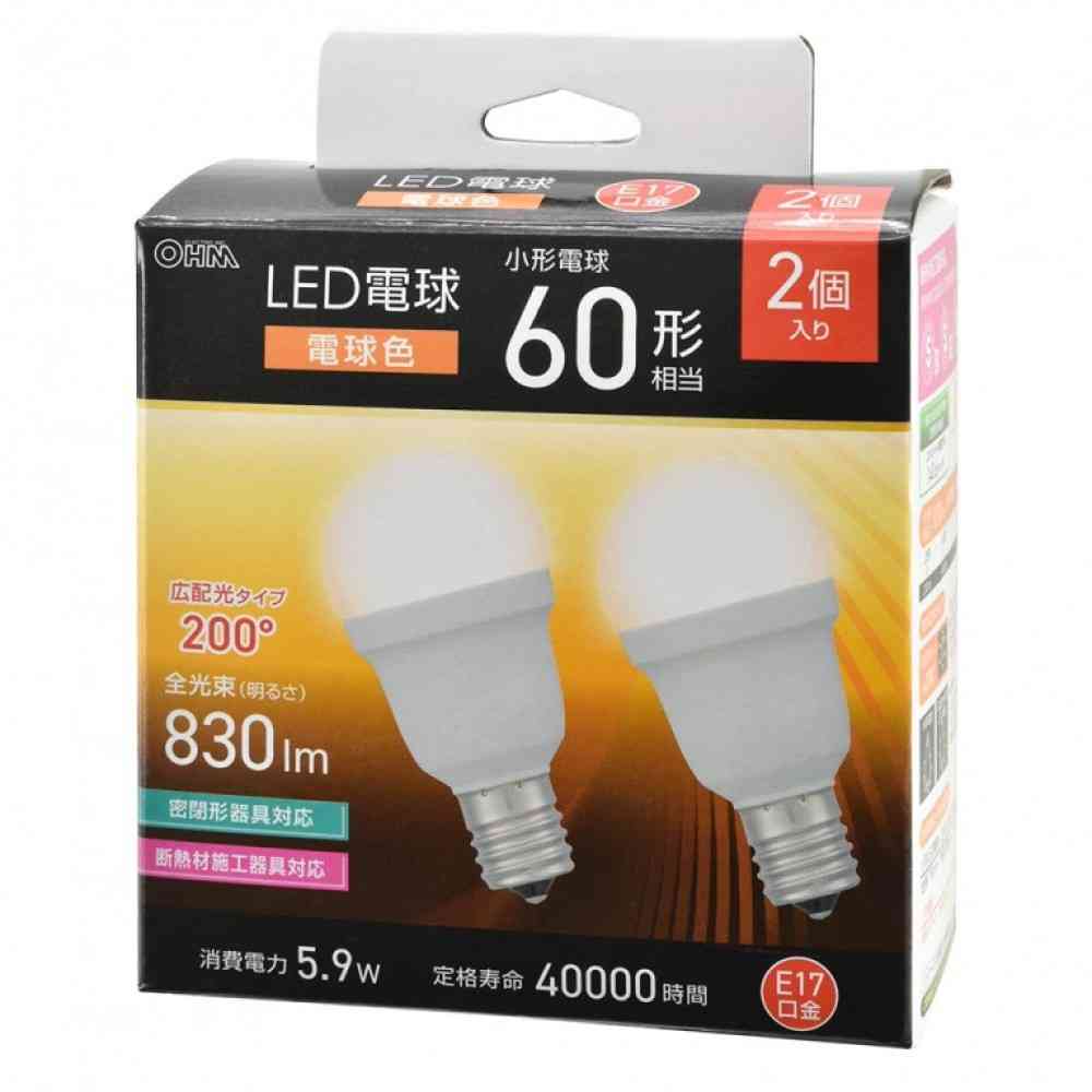 オーム電機 LED電球小形 60形電球色 2個入