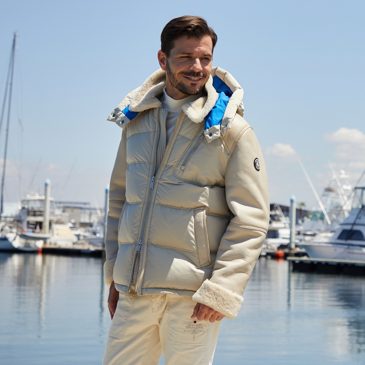 [SINA COVA(シナコバ)]フード付きムートンレザーハーフコート(数量限定商品) 24213910 ベージュ L