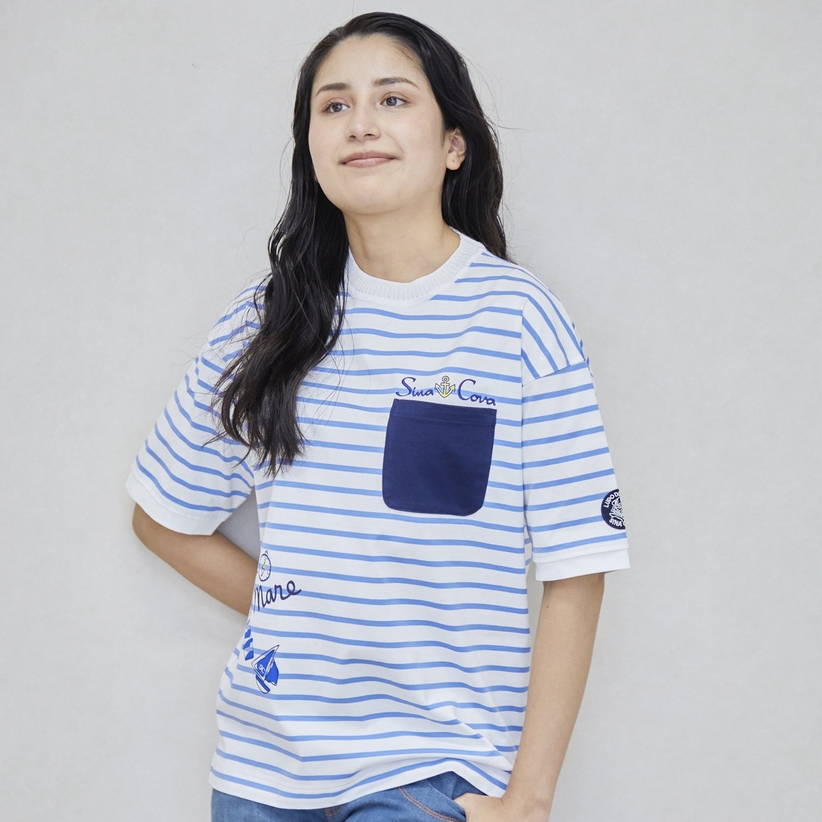 [SINA COVA(シナコバ)]ポケットデザインボーダー半袖Tシャツ ユニセックス(男女兼用) 25110540 サックス L