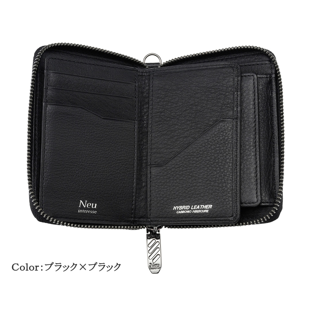 財布 メンズ 二つ折り 小銭入れ付き 二つ折り財布 ラウンドファスナー Neu interesse ミドルウォレット ノイインテレッセ 中ベロ付き シャッテン 2.0 カーボンレザー 革財布 札入 革 レザー 0708 ブラック×ブラック