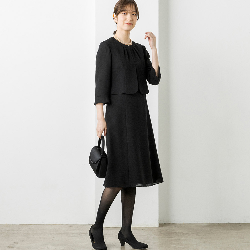 【東京ソワール】タックデザイン前開きファスナーウォッシャブルワンピース ブラック 7号