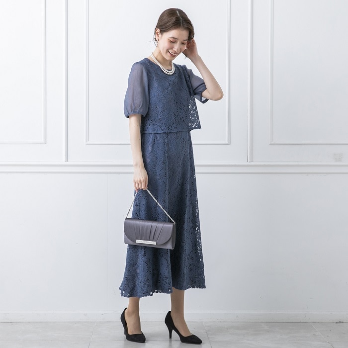 【東京ソワール】マーメードシルエットのレースワンピース ブルー M(9号)