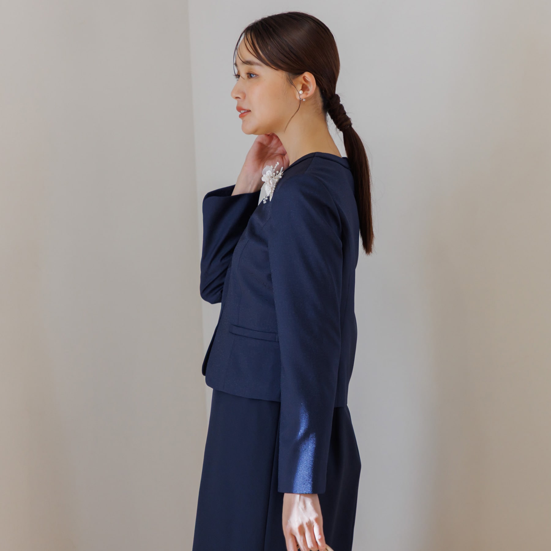 【東京ソワール】【洗える】ジャカードノーカラージャケット&袖シフォンワンピース 2点セット セレモニースーツ【学校行事・卒業式・入学式・七五三・結婚式】 ネイビー 9号