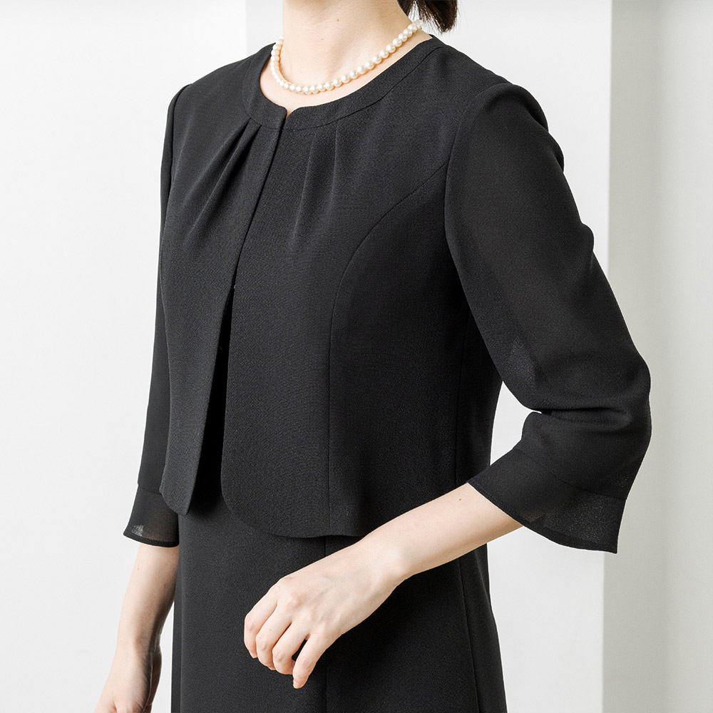 【東京ソワール】タックデザイン前開きファスナーウォッシャブルワンピース ブラック 7号