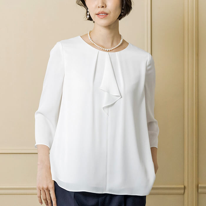 【東京ソワール】洗える|白ブラウスセットのテーパードパンツスーツ ネイビー 15号