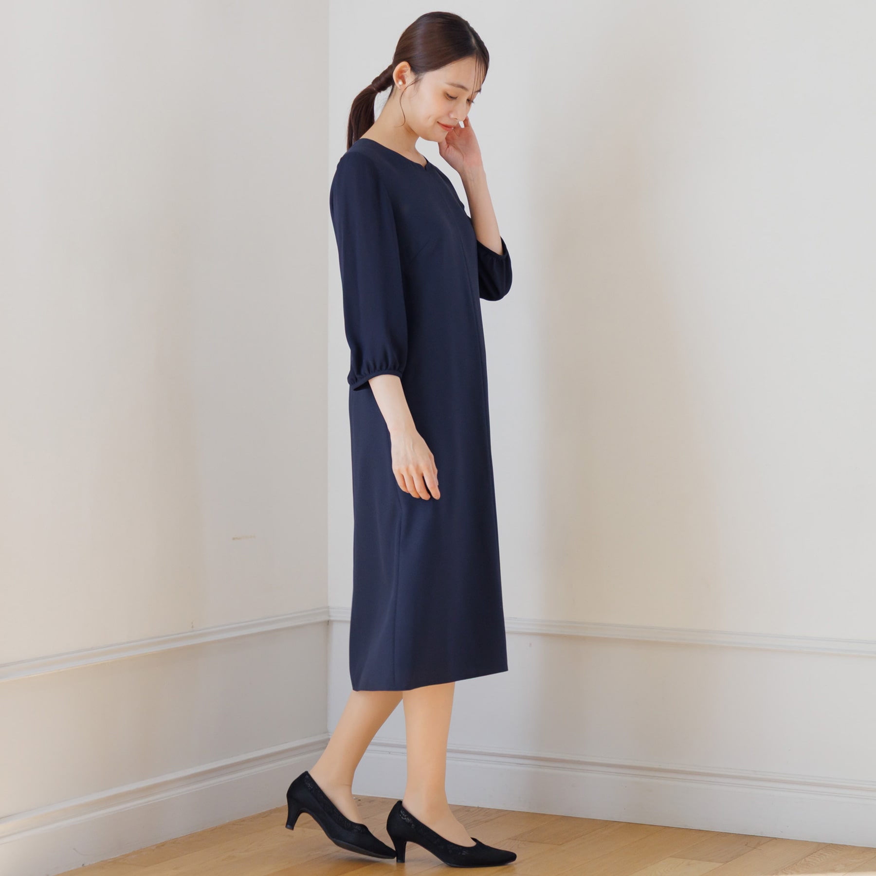 【東京ソワール】【洗える】ジャカードノーカラージャケット&袖シフォンワンピース 2点セット セレモニースーツ【学校行事・卒業式・入学式・七五三・結婚式】 ネイビー 9号