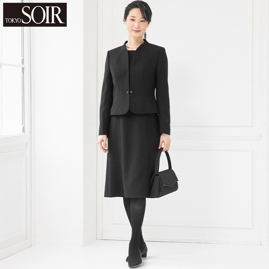 【東京ソワール】Ⅴ開きスタンドカラージャケット ブラックフォーマルアンサンブル