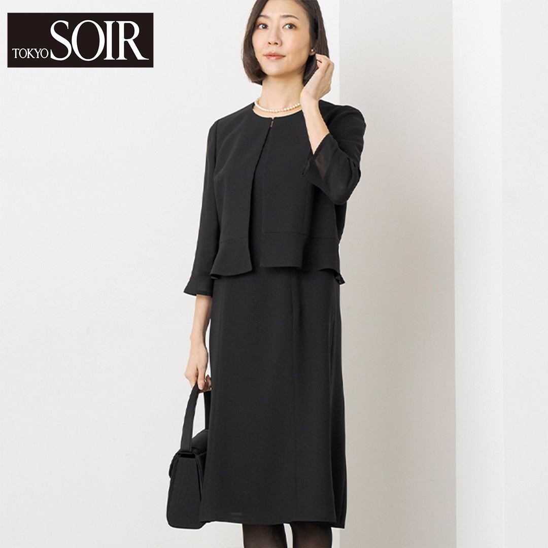 【東京ソワール】ウォッシャブル 2ピース風ノーカラー前開きワンピース