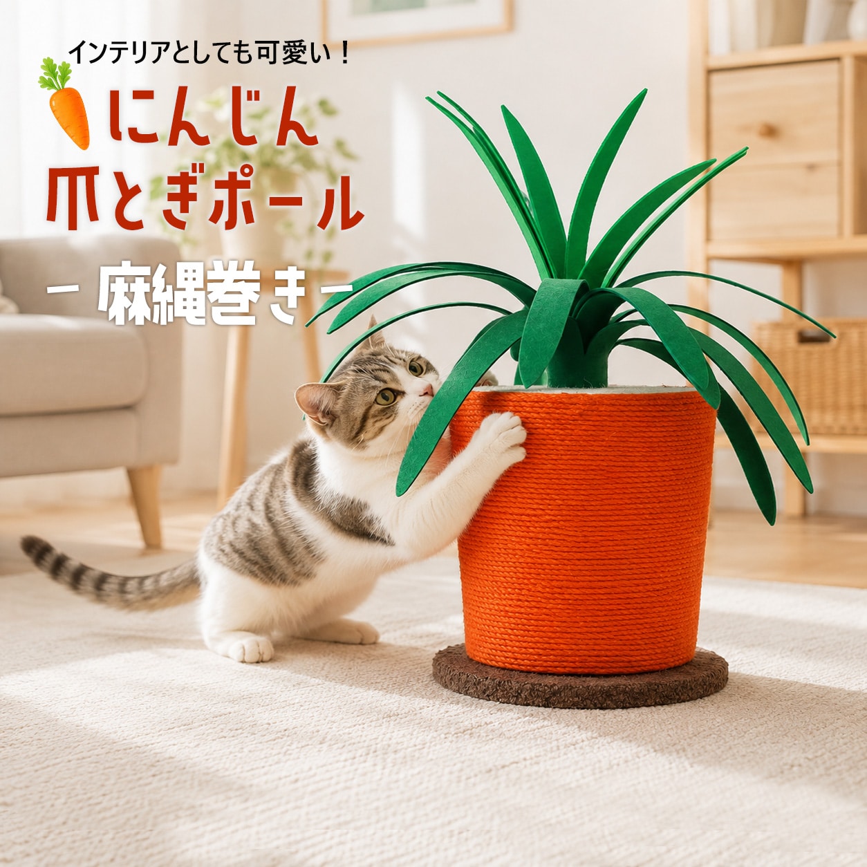 爪とぎポール キャロット 猫 爪とぎ 極太 ポール 麻縄巻き 高さ約50.5cm 据え置き 木製 キャットスクラッチャー ペット用品 猫用品 猫用品 多頭飼い 安定 麻紐 インテイリア かわいい 人参 にんじん【DH-34】 トラベルソムリエ