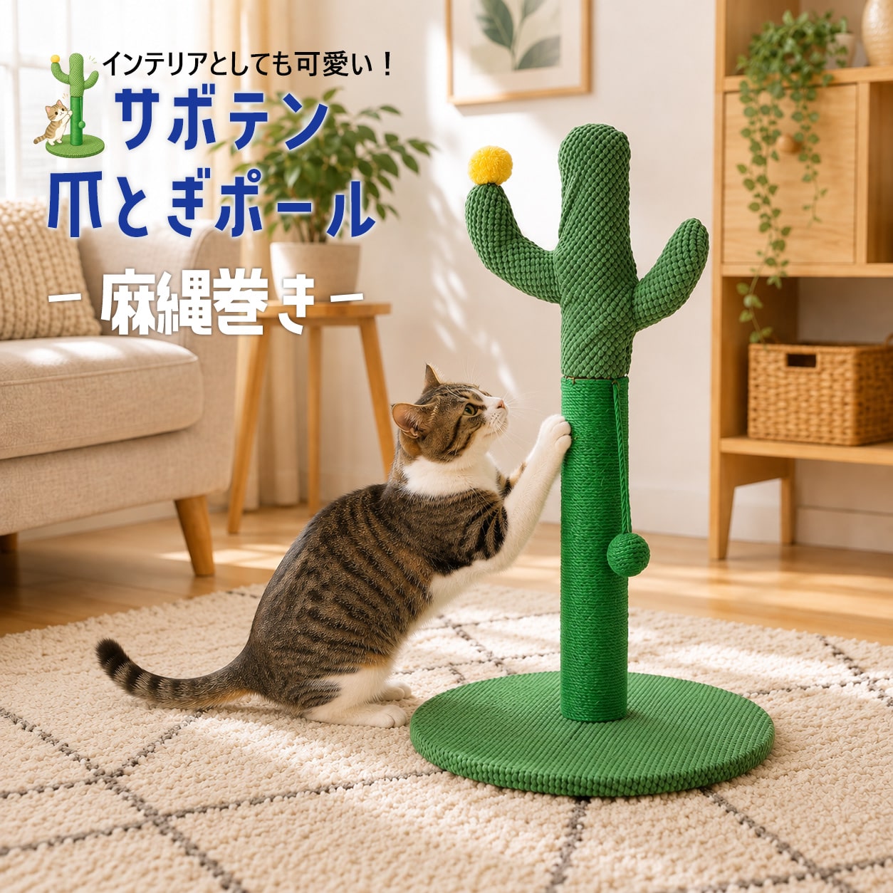 爪とぎポール サボテン 猫 爪とぎ ポール 麻縄巻き 高さ約67.5cm 据え置き 木製 キャットスクラッチャー ペット用品 猫用品 猫用品 多頭飼い 安定 麻紐 インテイリア かわいい【DH-35】 トラベルソムリエ