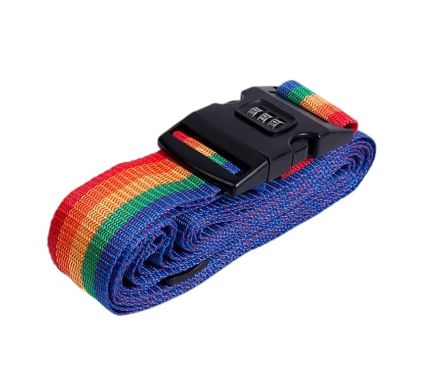 スーツケースベルト キャリーバッグベルト 十字型 かんたん カラフル おしゃれ ロック付き メール便送料無料 盗難防止 防犯対策 荷崩れ防止 旅行用品 海外旅行 虹色 ネオンカラー ストライプ トラベルグッズ【suitcasebelt02】ナンバーロック付 1/虹色