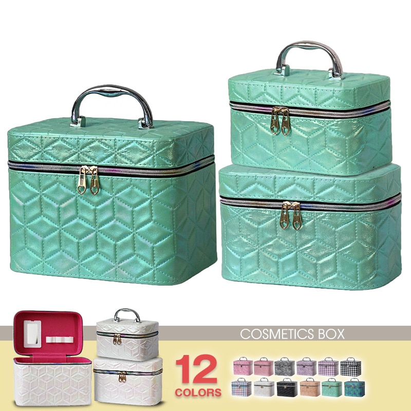 コスメボックス メイクボックス 化粧ボックス S M Lサイズ 大容量 鏡 鏡付き コスメ収納 化粧品 収納 ボックス おしゃれ 可愛い 使いやすい 3サイズセット 【11345】 14D/コバルトグリーン トラベルソムリエ