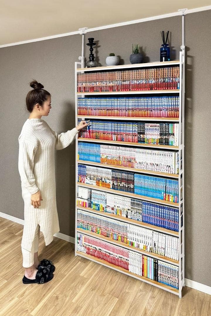 突っ張り本棚 突っ張りラック 突っ張り収納 突っ張り式 突っ張り棚 大容量 幅約101cm 高さ約211~270cm 奥行約14.5cm ホワイト×ナチュラル 送料無料 ※北海道、沖縄県、離島を除く 【ロジ発送】 ブラック w-kagu1