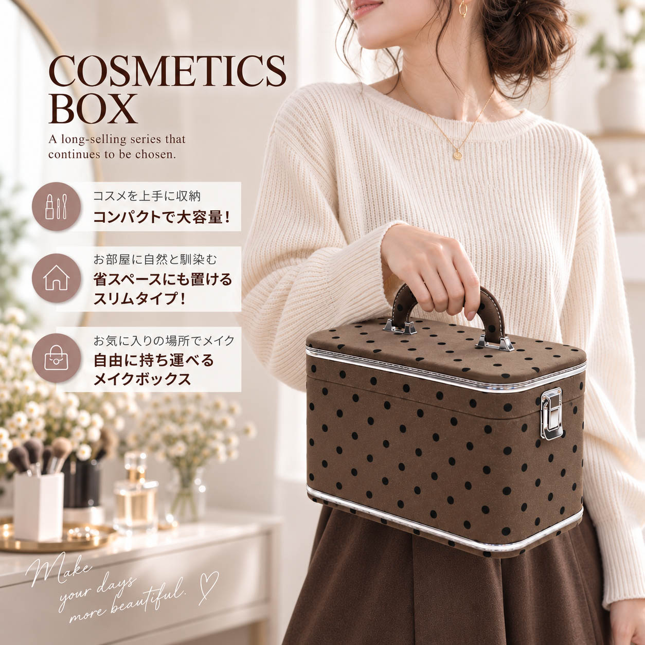 ミラー可動／中仕切り付き】コスメボックス メイクボックス 化粧