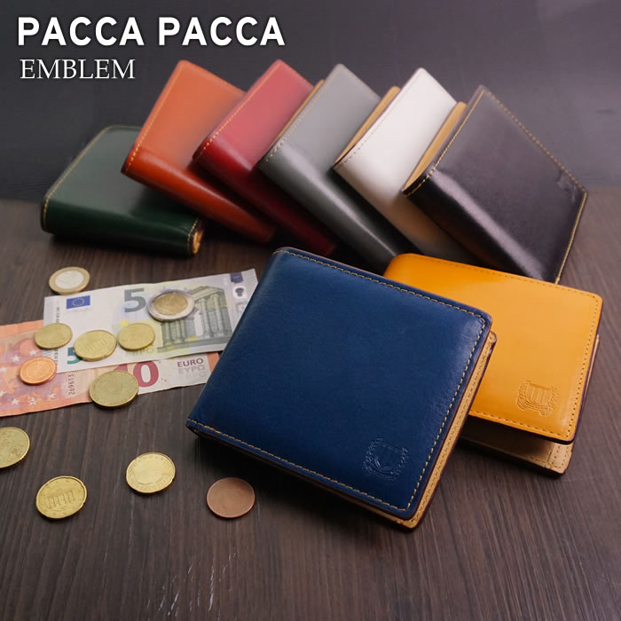 財布　二つ折り財布 メンズ 二つ折り 本革 紳士 小銭あり 折りたたみ財布 牛革 馬革 素上げ カード入れ ビジネス シック エンブレム pacca pacca サイフ クリスマス