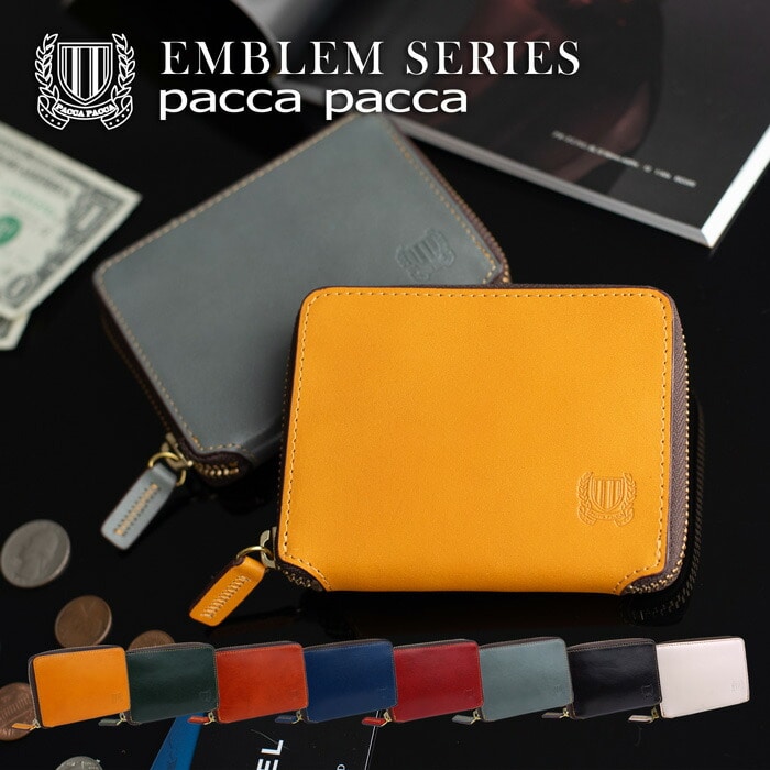 財布 メンズ 小さい財布 コンパクト財布 本革 紳士 小銭あり 極小財布 ファスナー 牛革 馬革 素上げ カード入れ ビジネス シック エンブレム pacca pacca サイフ クリスマス